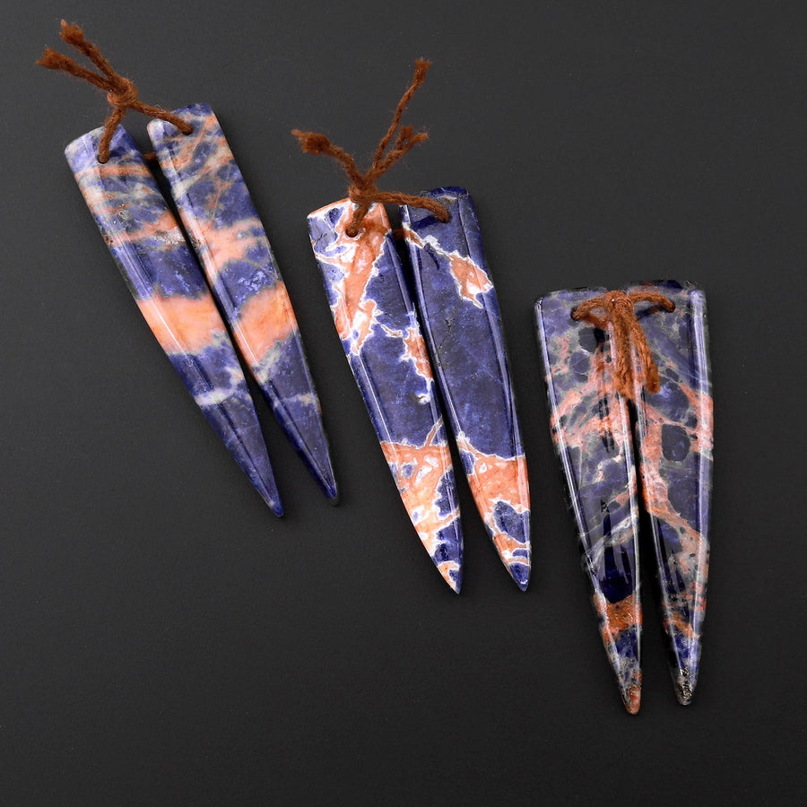 Natural Orange Sodalite Earring Pair Dagger Long Triangle Cabochon Cab Drilled Matched Gemstone Bead Pair