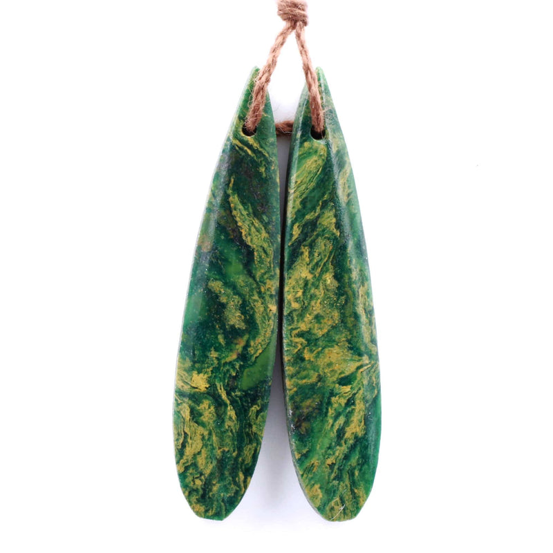 Natural African Green Jade Earring Pair Drilled Gemstone Earring Cabochon Cab Pair Thin Long Teardrop Matched Earring Bead Pair