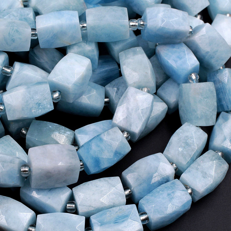 Chunky Large Natural Aquamarine Faceted Rectangle Tube Nugget Beads 16" Strand