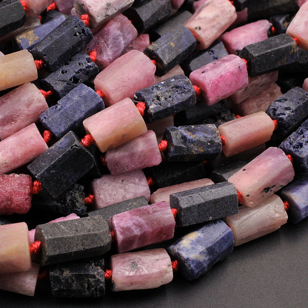 Raw Rough Natural Pink Ruby Blue Sapphire Faceted Rectangle Tube Matte Beads Genuine Red Ruby Blue Sapphire Gemstone 15.5" Strand