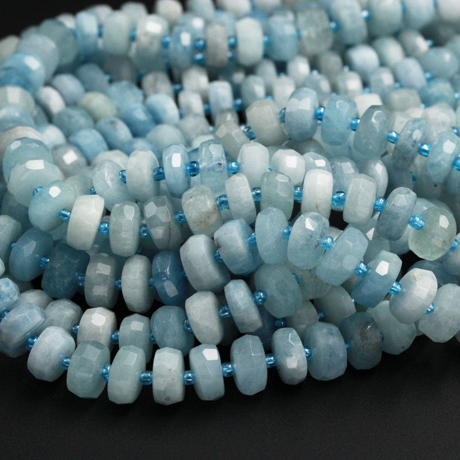 Natural Blue Aquamarine Large Faceted Wheel Rondelle Beads 16" Strand