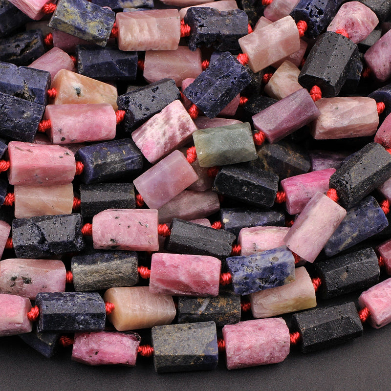 Raw Rough Natural Pink Ruby Blue Sapphire Faceted Rectangle Tube Matte Beads Genuine Red Ruby Blue Sapphire Gemstone 15.5" Strand