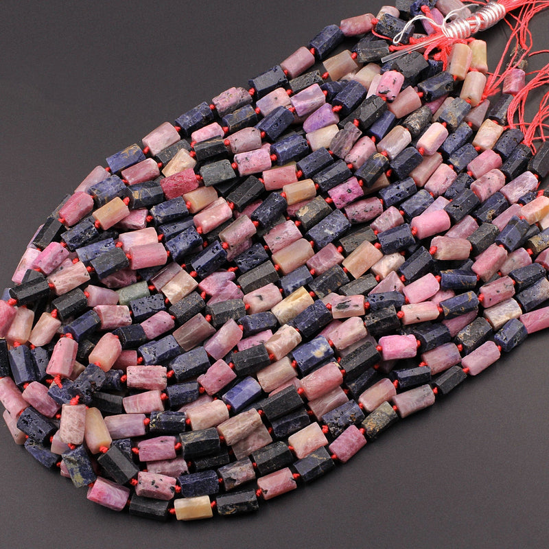 Raw Rough Natural Pink Ruby Blue Sapphire Faceted Rectangle Tube Matte Beads Genuine Red Ruby Blue Sapphire Gemstone 15.5" Strand