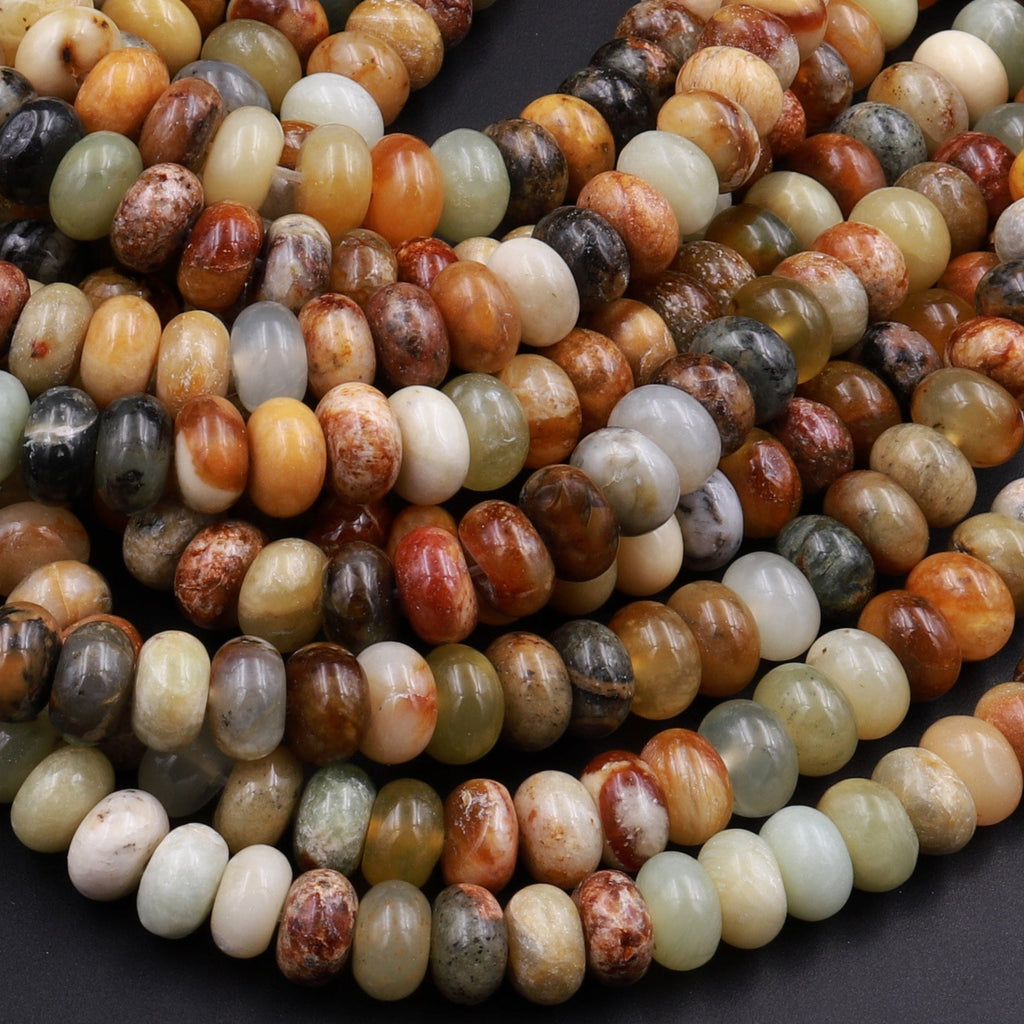 Natural Flower Jade Rondelle Beads 8mm 10mm Earthy Green Brown Yellow Jade Disc Beads Center Drilled 16" Strand