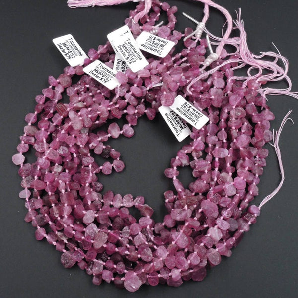 Organic Hand Cut Rough Raw Natural Pink Tourmline Freeform Teardrop Petal Beads 16" Strand