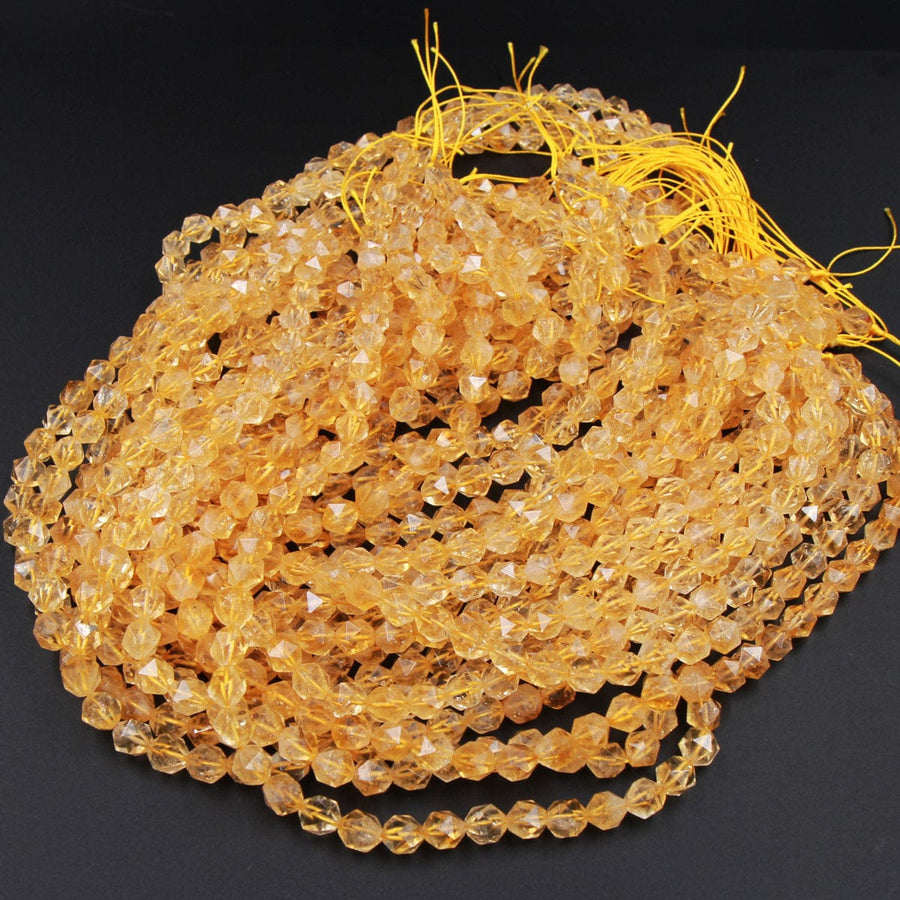 Star Cut Natural Citrine 8mm Faceted Beads Rounded Nuggets Geometric Cut Sharp Large Facets Real Genuine Citrine Gemstone 16" Strand
