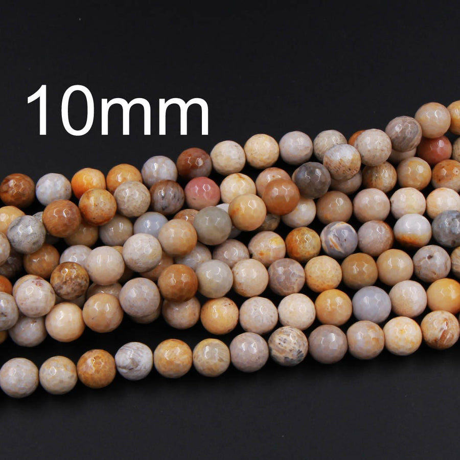 A Grade Natural Fossil Coral Faceted Round Beads 6mm Round Beads 8mm Round Beads Faceted 10mm Round Beads Brown Tan Beige Beads 16" Strand