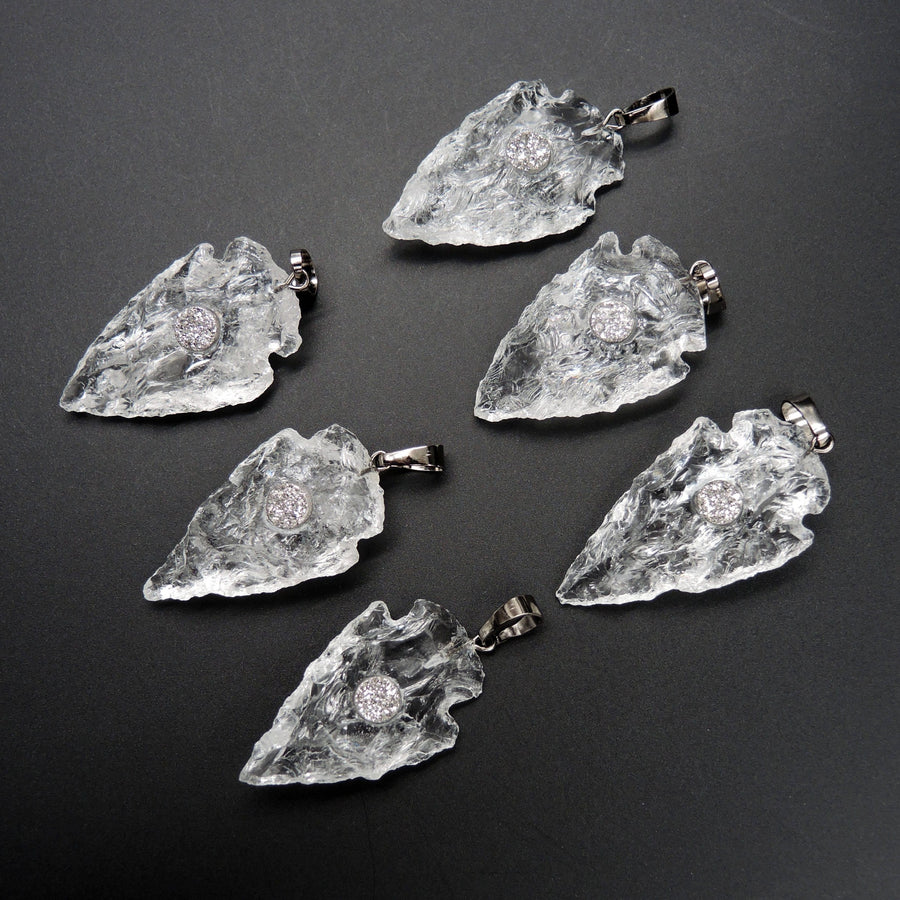 Natural Rough Raw Rock Crystal Quartz Pendants With Druzy Center Hand Hammered 1 1/2 Inch Arrowhead Pendant Focal Bead