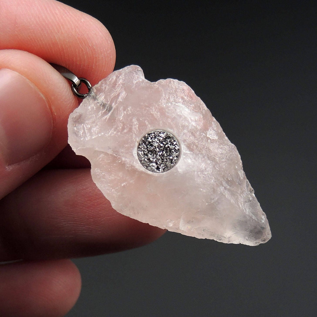 Natural Rough Raw Pink Rose Quartz Pendants With Druzy Inlay Center Hand Hammered 1 1/2 Inch Arrowhead Pendant Focal Bead