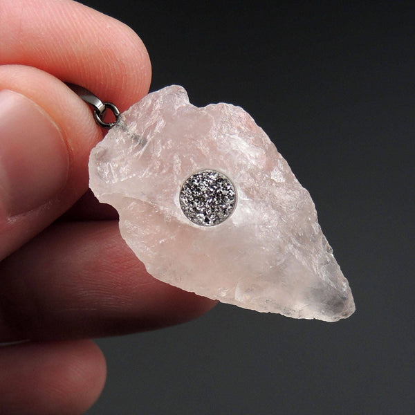 Natural Rough Raw Pink Rose Quartz Pendants With Silver Druzy Inlay Center Hand Hammered Arrowhead Pendant Focal Bead