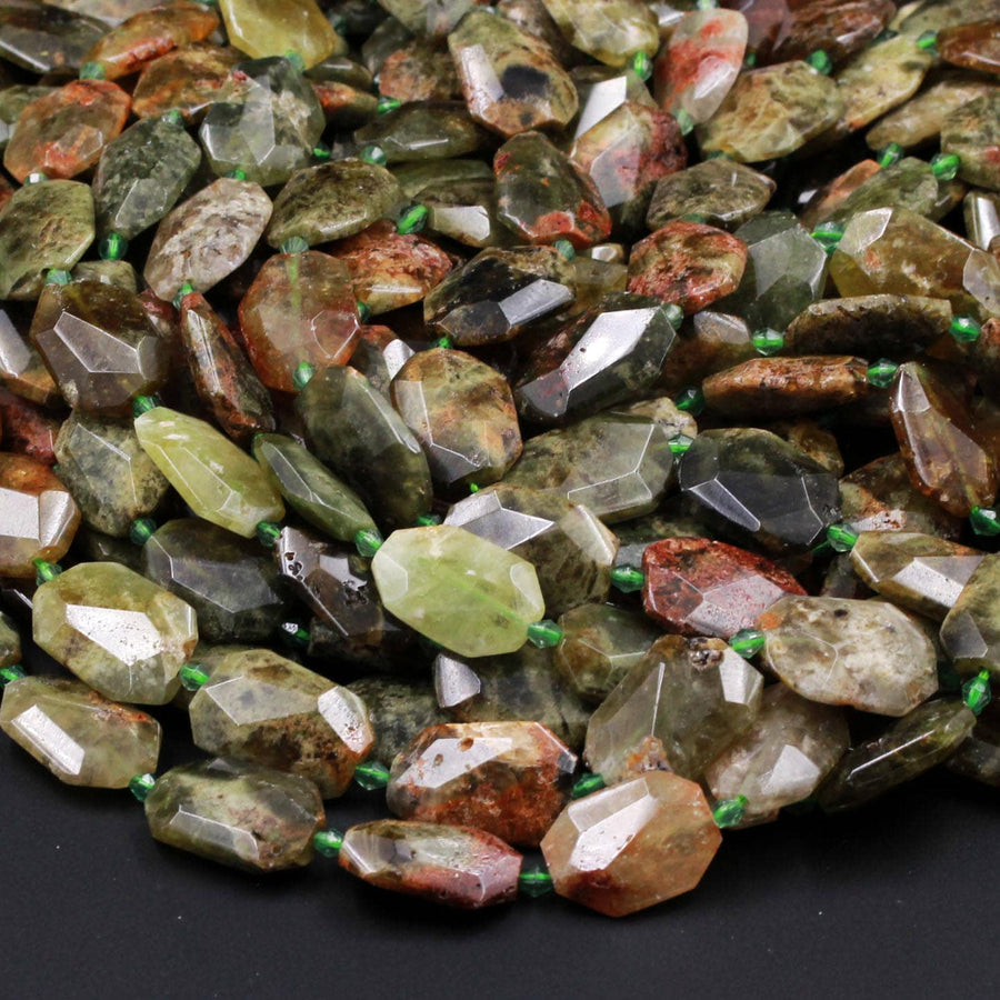 Natural Chunky Faceted Green Garnet Slab Cushion Rectangle Rectangular Nugget Slice Pendant Focal Beads 15.5" Strand