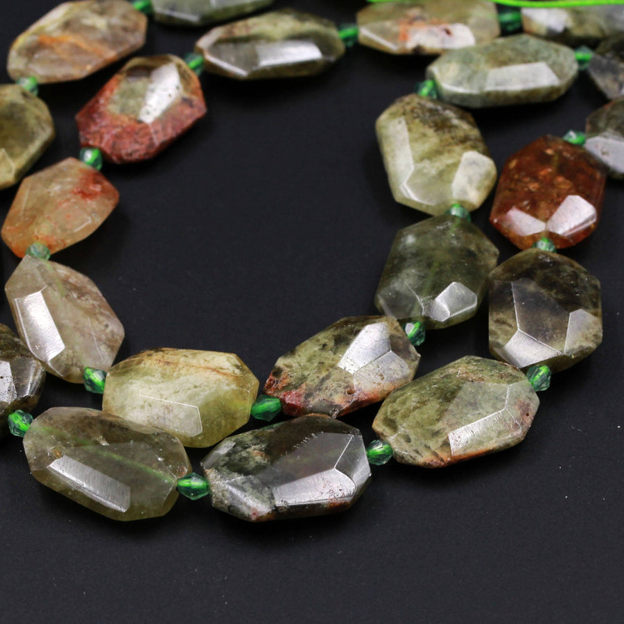 Natural Chunky Faceted Green Garnet Slab Cushion Rectangle Rectangular Nugget Slice Pendant Focal Beads 15.5" Strand