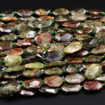 Natural Chunky Faceted Green Garnet Slab Cushion Rectangle Rectangular Nugget Slice Pendant Focal Beads 15.5" Strand