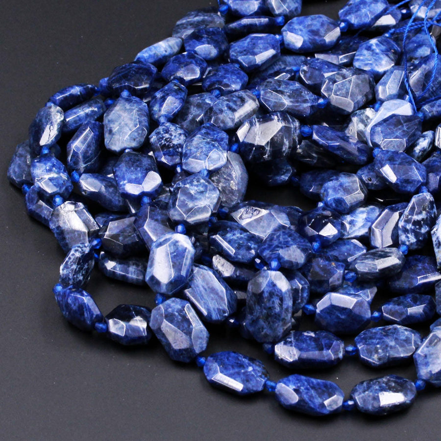 Nautral Chunky Faceted Blue Sodalite Slab Cushion Rectangle Rectangular Nugget Slice Pendant Focal Beads 15.5" Strand