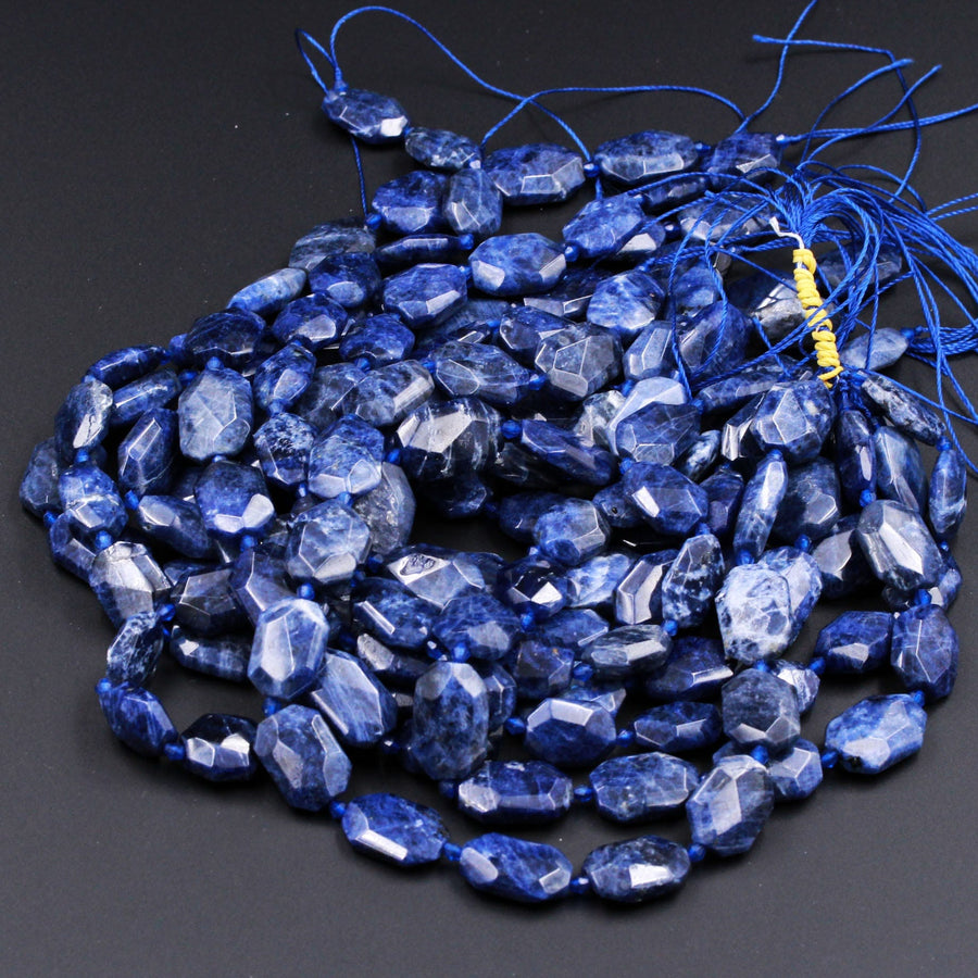 Nautral Chunky Faceted Blue Sodalite Slab Cushion Rectangle Rectangular Nugget Slice Pendant Focal Beads 15.5" Strand