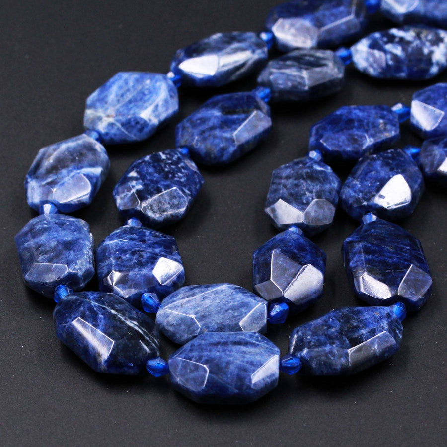 Nautral Chunky Faceted Blue Sodalite Slab Cushion Rectangle Rectangular Nugget Slice Pendant Focal Beads 15.5" Strand