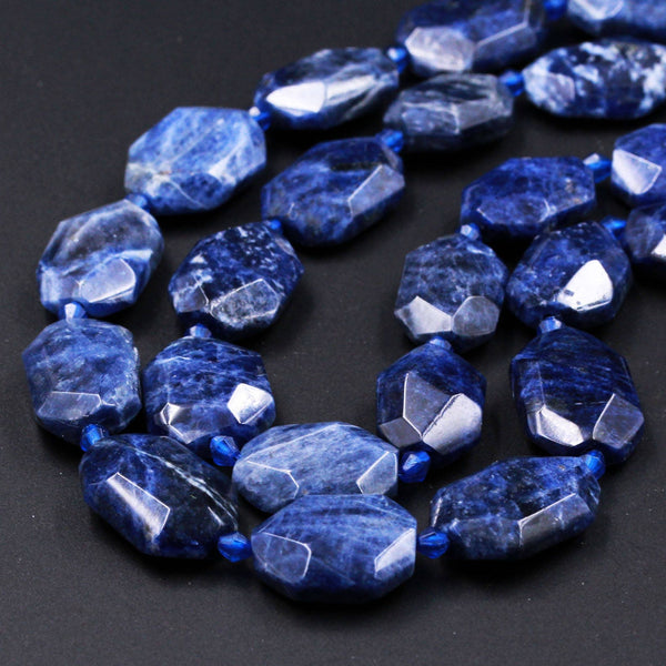 Nautral Chunky Faceted Blue Sodalite Slab Cushion Rectangle Rectangular Nugget Slice Pendant Focal Beads 15.5" Strand