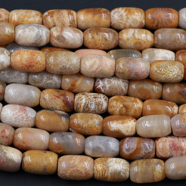 Natural Fossil Coral Smooth Cylinder Cylinder Barrel Beads Bright Yellow Brown Tan Beige Beads 15.5" Strand