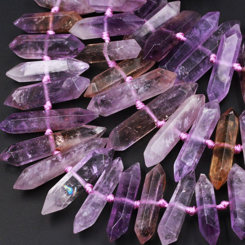 Double Terminated Ametrine Points Beads Center Drilled Genuine Natural Ametrine Focal Pendant Bead 16" Strand