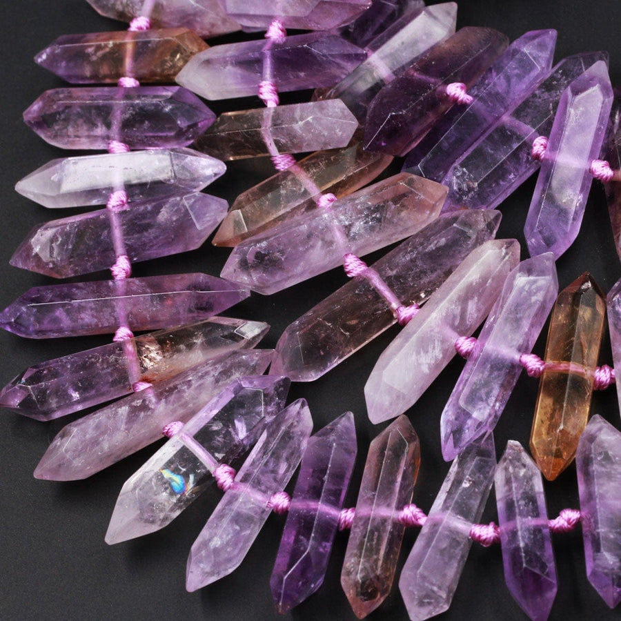 Double Terminated Ametrine Points Beads Center Drilled Genuine Natural Ametrine Focal Pendant Bead 16" Strand