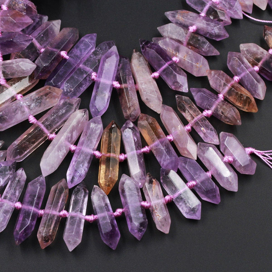 Double Terminated Ametrine Points Beads Center Drilled Genuine Natural Ametrine Focal Pendant Bead 16" Strand