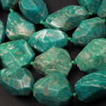 Natural Russian Amazonite  Beads Chunky Large Faceted Freeform Nuggets Pendant Size Focal Beads Blue Green Gemstone 15.5" Strand