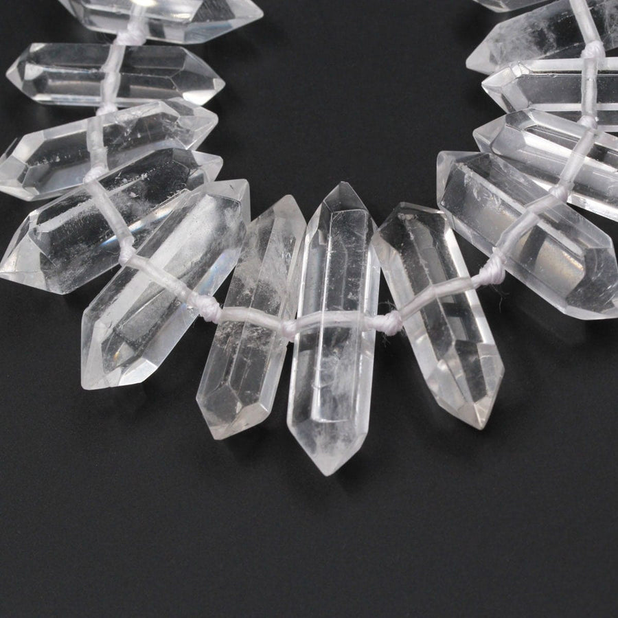 Rock Crystal Quartz Beads Faceted Double Terminated Pointed Tips Large Drilled Healing Natural Quartz Crystal Focal Pendant Bead 16" Strand