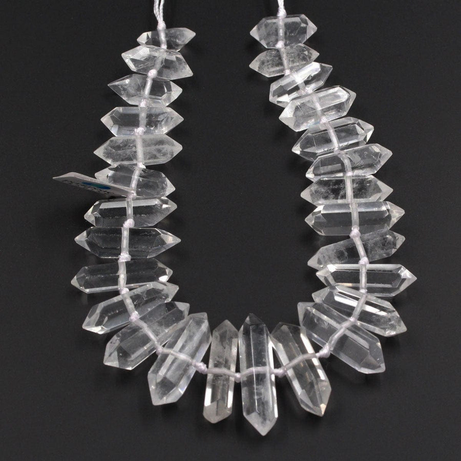 Rock Crystal Quartz Beads Faceted Double Terminated Pointed Tips Large Drilled Healing Natural Quartz Crystal Focal Pendant Bead 16" Strand