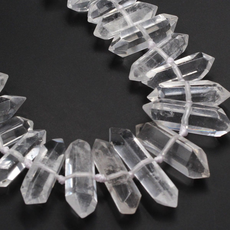 Rock Crystal Quartz Beads Faceted Double Terminated Pointed Tips Large Drilled Healing Natural Quartz Crystal Focal Pendant Bead 16" Strand
