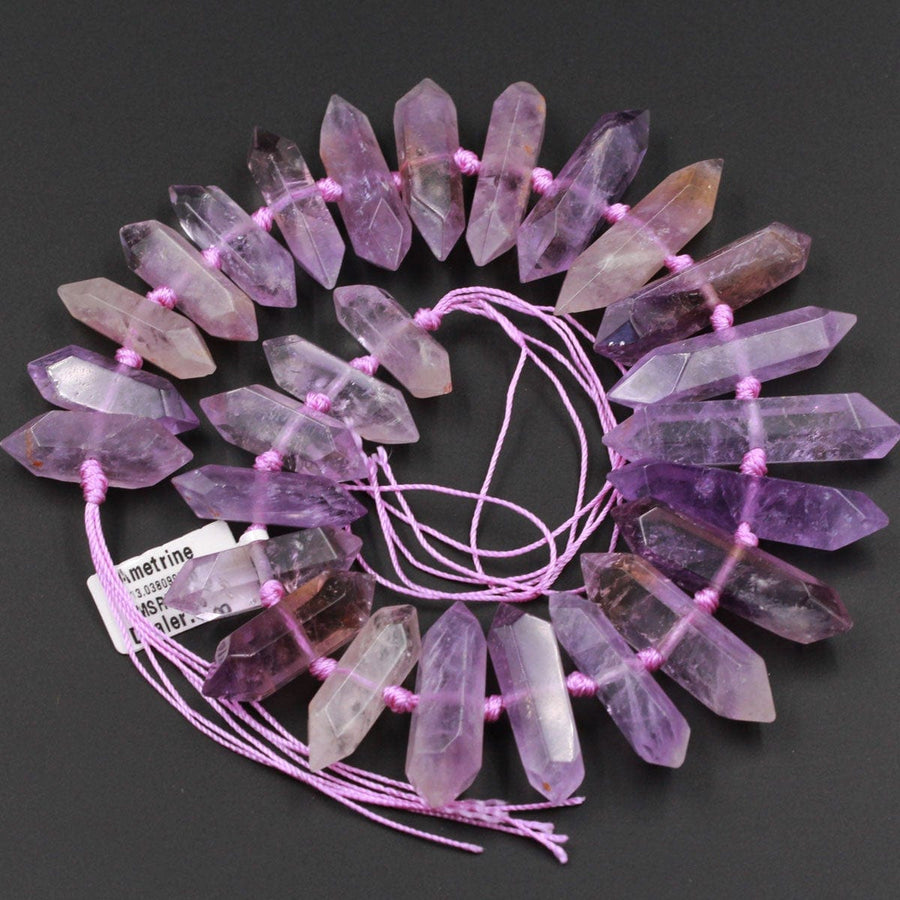 Double Terminated Ametrine Points Beads Center Drilled Genuine Natural Ametrine Focal Pendant Bead 16" Strand