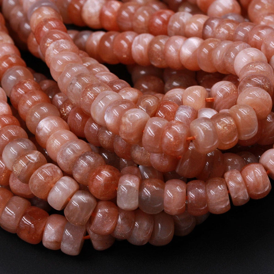 Fiery Natural Sunstone Rondelle Beads 9mm 10mm 12mm Thick Wheel Center Drilled Sparkling Golden Feldspar Orange Red Gemstone 16" Strand