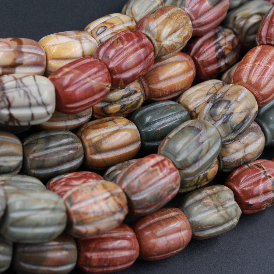 Red Creek Jasper Beads Hand Carved Melon Drum Tube Earthy Red Green Yellow Brown Natural Cherry Creek Multi-color Picasso Jasper 16" Strand