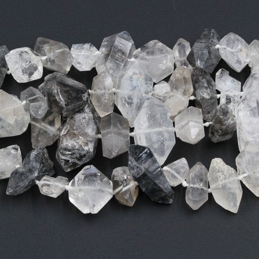 Tibetan Quartz Beads Raw Rough Double Terminated Rock Crystal Point Center Vertically Drilled Healing Natural Quartz Crystal Bead 16&quot; Strand