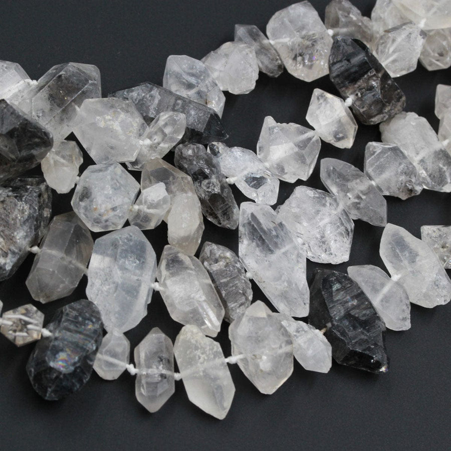Tibetan Quartz Beads Raw Rough Double Terminated Rock Crystal Point Center Vertically Drilled Healing Natural Quartz Crystal Bead 16&quot; Strand