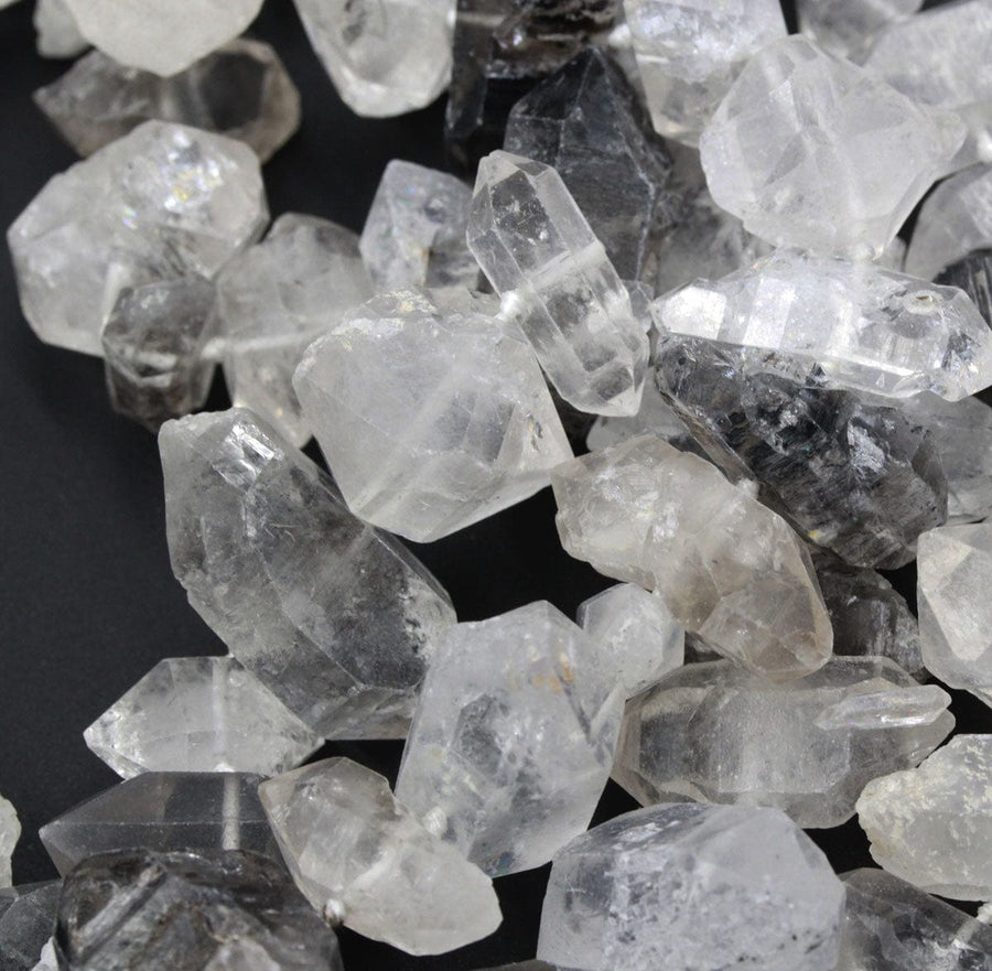 Tibetan Quartz Beads Raw Rough Double Terminated Rock Crystal Point Center Vertically Drilled Healing Natural Quartz Crystal Bead 16&quot; Strand
