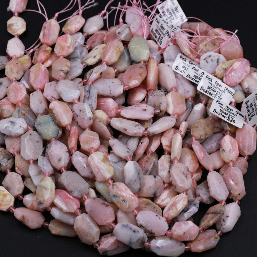Large Natural Peruvian Pink Opal Faceted Rectangle Beads Pink Opal Rectangle Nugget Flat Beads Focal Beads 16" Strand