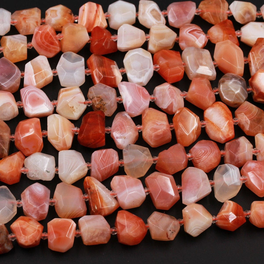 Rare Natural Fiery Red Orange Botswana Agate Faceted Freeform Nugget Chunky Nuggets Beads 15.5" Strand