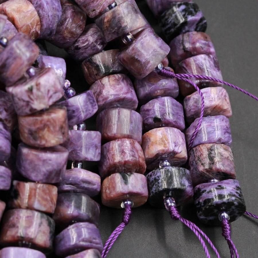 Natural Charorite Thick Rondelle Wheel Beads Large Smooth Purple Russian Charoite W/ Orange Hessonite Garnet Matrix 15.5" Strand