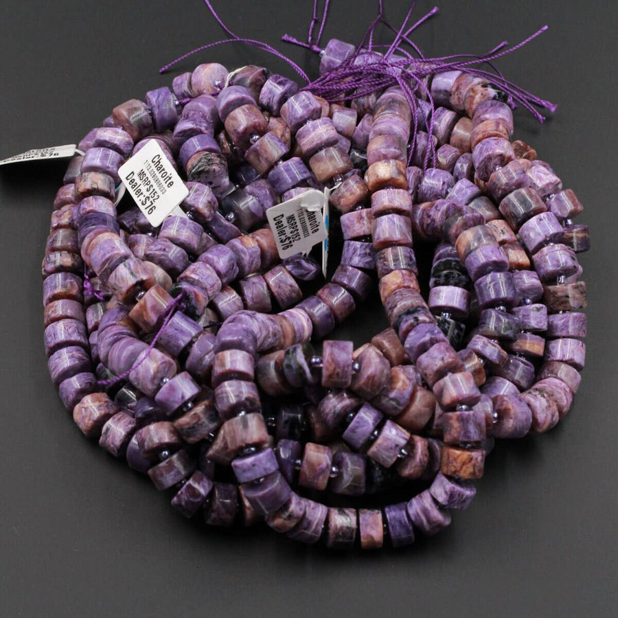 Natural Charorite Thick Rondelle Wheel Beads Large Smooth Purple Russian Charoite W/ Orange Hessonite Garnet Matrix 15.5" Strand