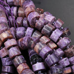 Natural Charorite Thick Rondelle Wheel Beads Large Smooth Purple Russian Charoite W/ Orange Hessonite Garnet Matrix 15.5" Strand