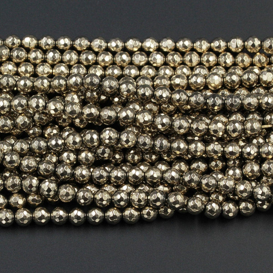 Large Hole Beads Titanium Pyrite Faceted 6mm Round beads Big 2mm Drilled Hole Sparkling Gemstone 16" Strand