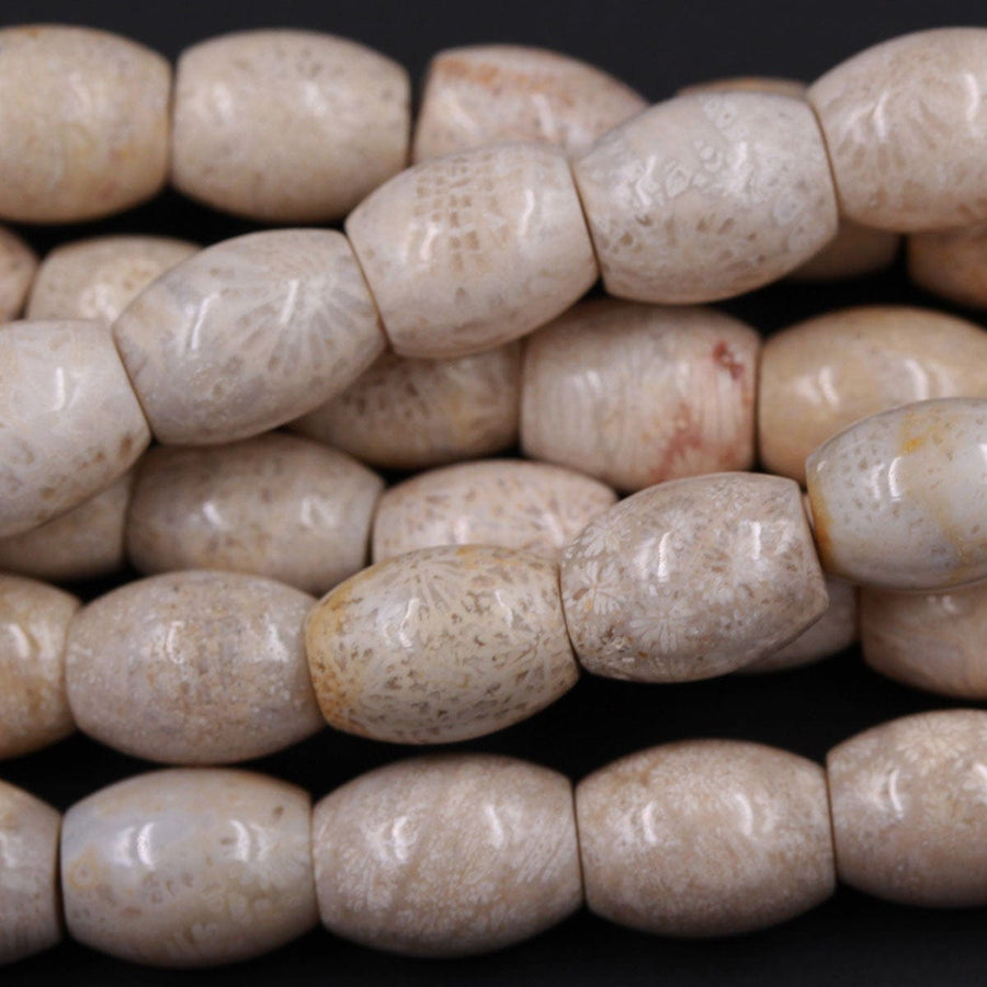A Grade Natural Fossil Coral Smooth Cylinder Tube Beads 10mm x 8mm Beads Neutral Beige Beads 16" Strand