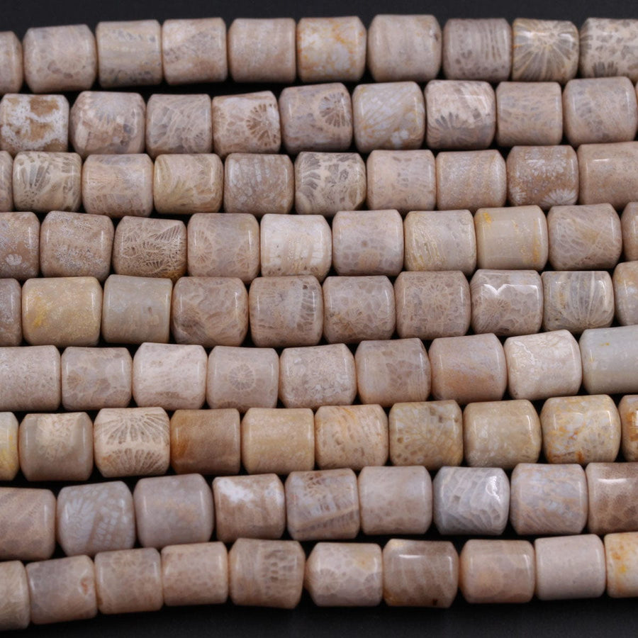 A Grade Natural Fossil Coral Short Cylinder Beads 8mm Puffy Nugget Beads Neutral Gray Taupe Beige Beads 16" Strand