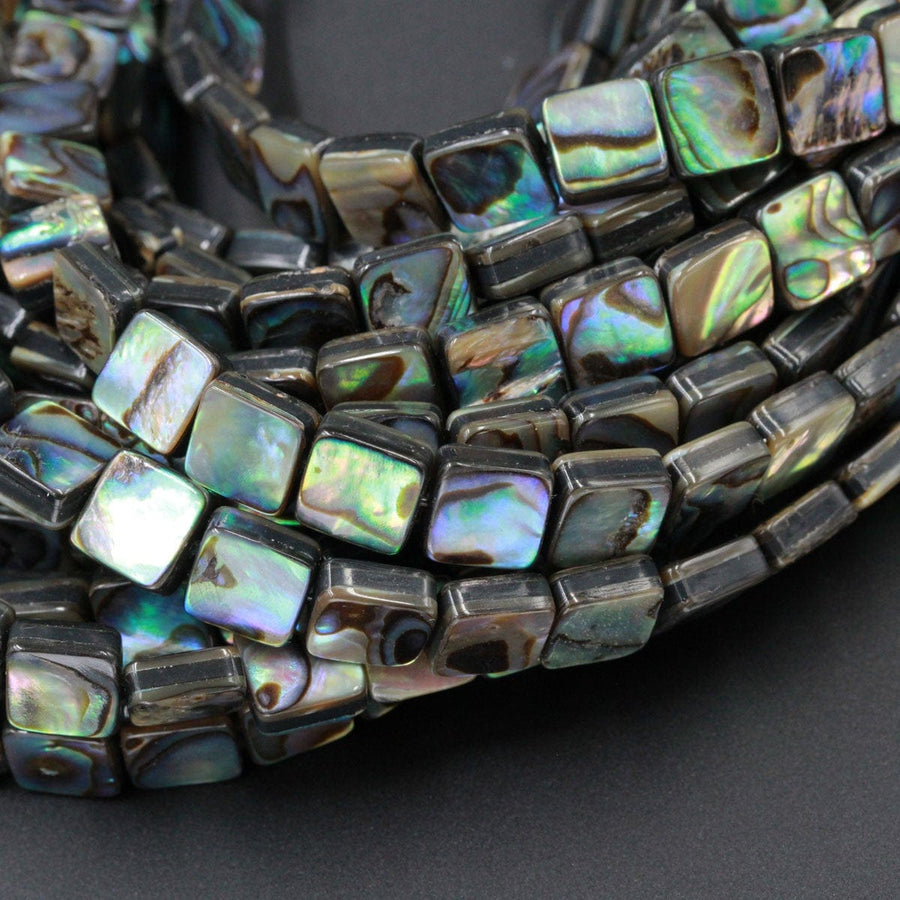 Abalone 8mm Square Beads 10mm Square Bead Iridescent Rainbow Glow Blue Green Red Pink Flash A Grade Real Genuine Natural Abalone 16" Strand