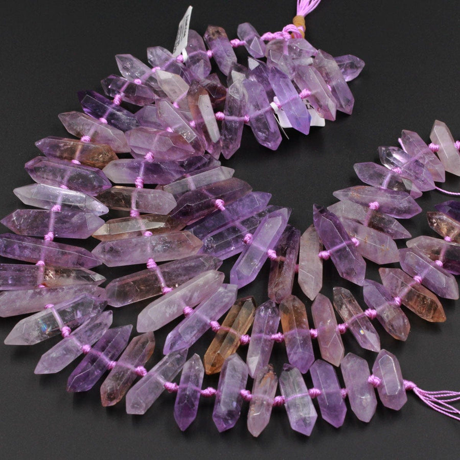 Double Terminated Ametrine Points Beads Center Drilled Genuine Natural Ametrine Focal Pendant Bead 16" Strand