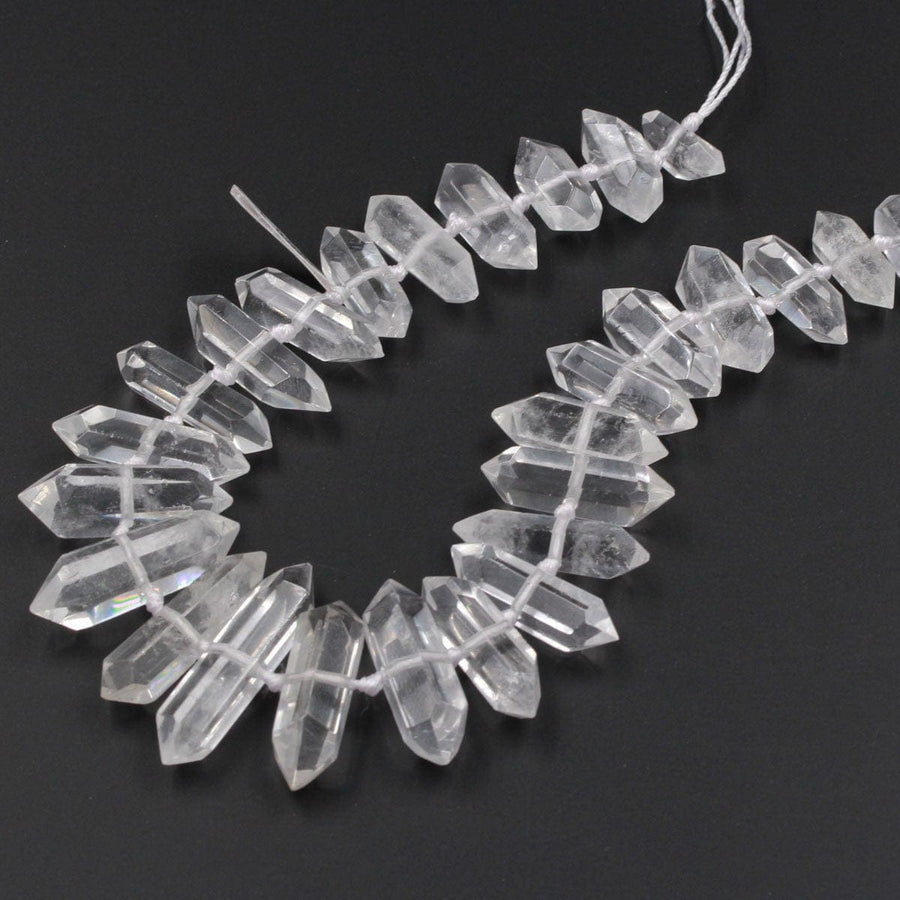 Rock Crystal Quartz Beads Faceted Double Terminated Pointed Tips Large Drilled Healing Natural Quartz Crystal Focal Pendant Bead 16" Strand