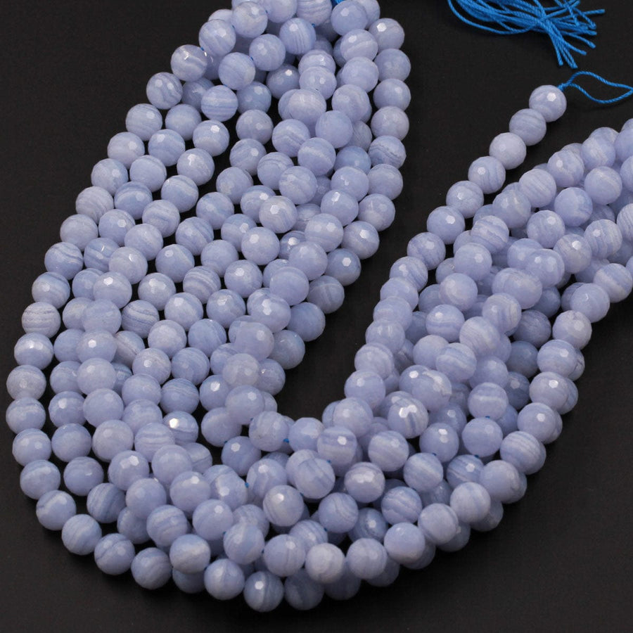 AAA Natural Blue Lace Agate Beads Faceted 6mm Faceted 8mm Faceted 10mm Round Beads Blue Chalcedony Micro Faceted Diamond Cut Bead 16" Strand