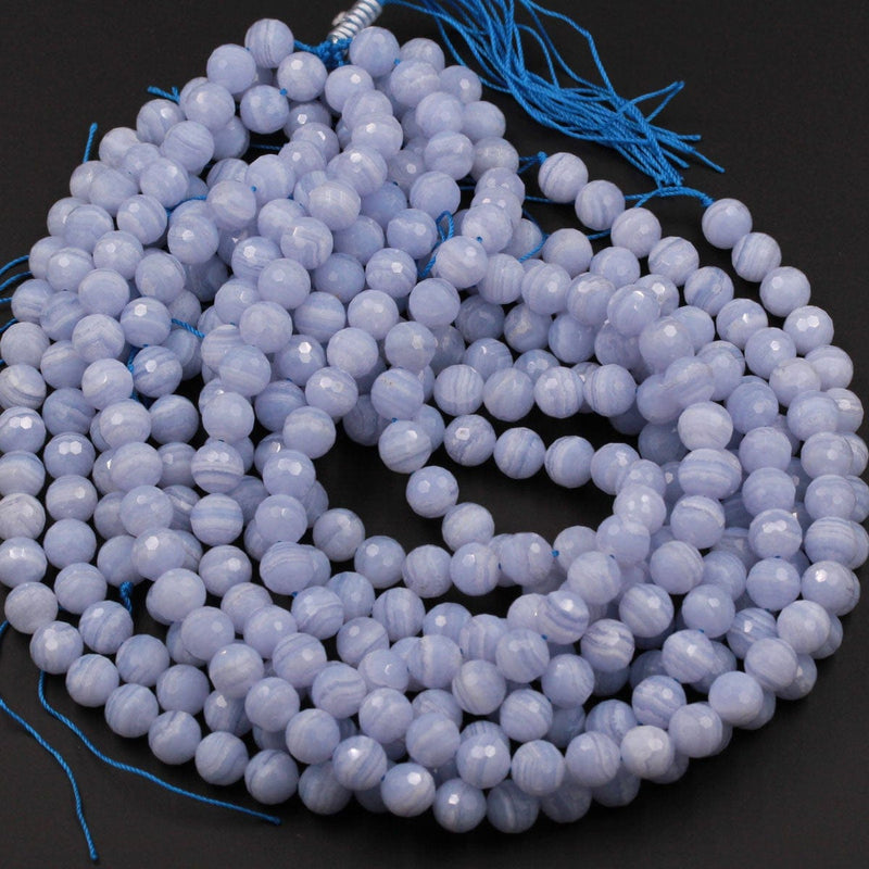 AAA Natural Blue Lace Agate Beads Faceted 6mm Faceted 8mm Faceted 10mm Round Beads Blue Chalcedony Micro Faceted Diamond Cut Bead 16" Strand