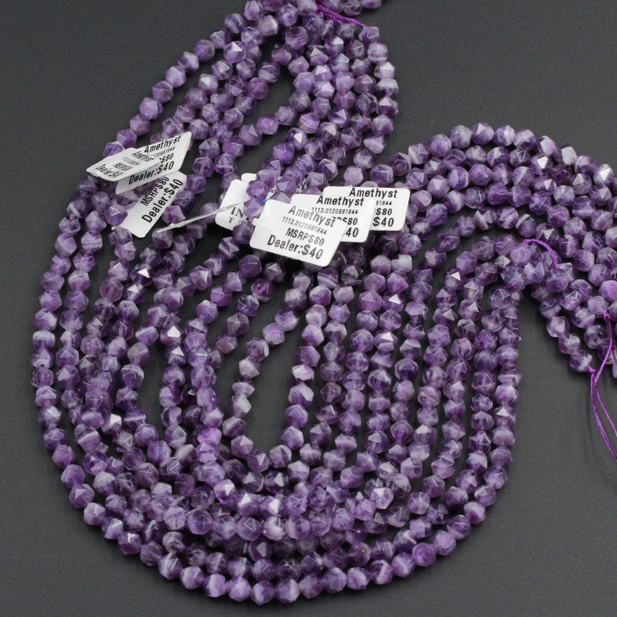 Geometric Cut Star Cut Genuine 100% Natural Amethyst Faceted 6mm Rounded Nugget Beads Strand