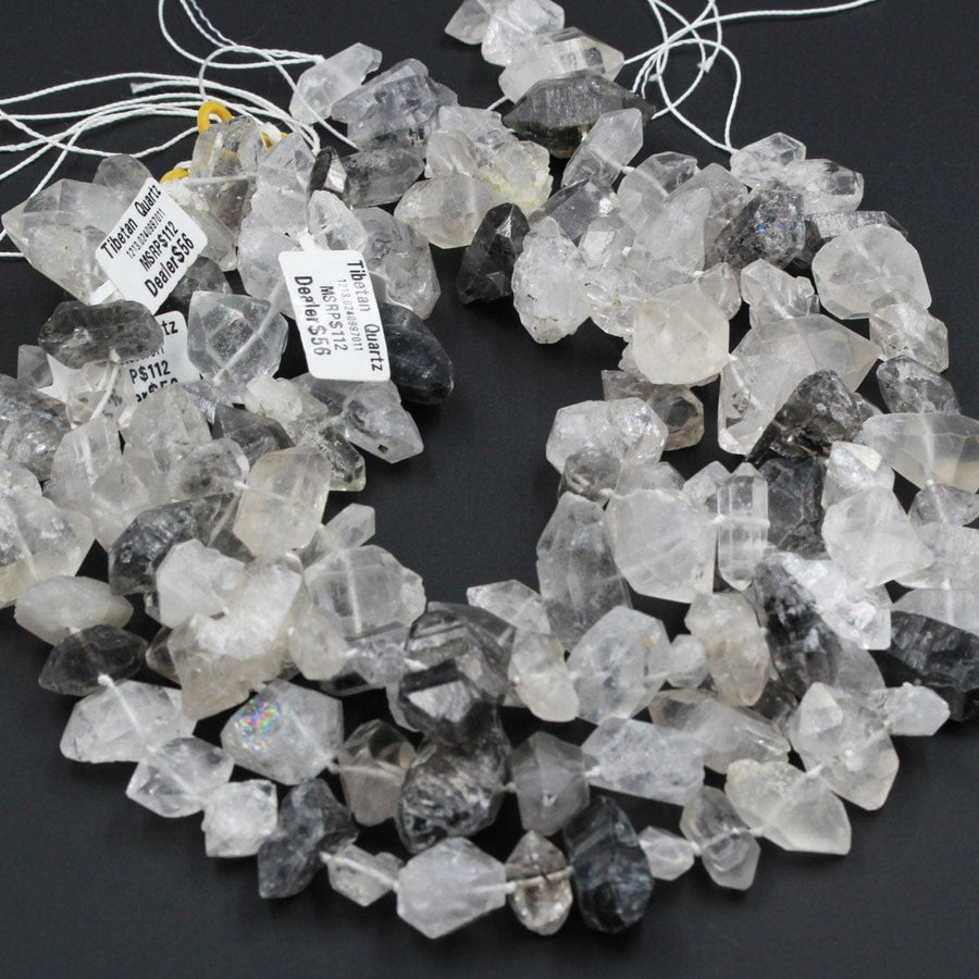 Tibetan Quartz Beads Raw Rough Double Terminated Rock Crystal Point Center Vertically Drilled Healing Natural Quartz Crystal Bead 16&quot; Strand